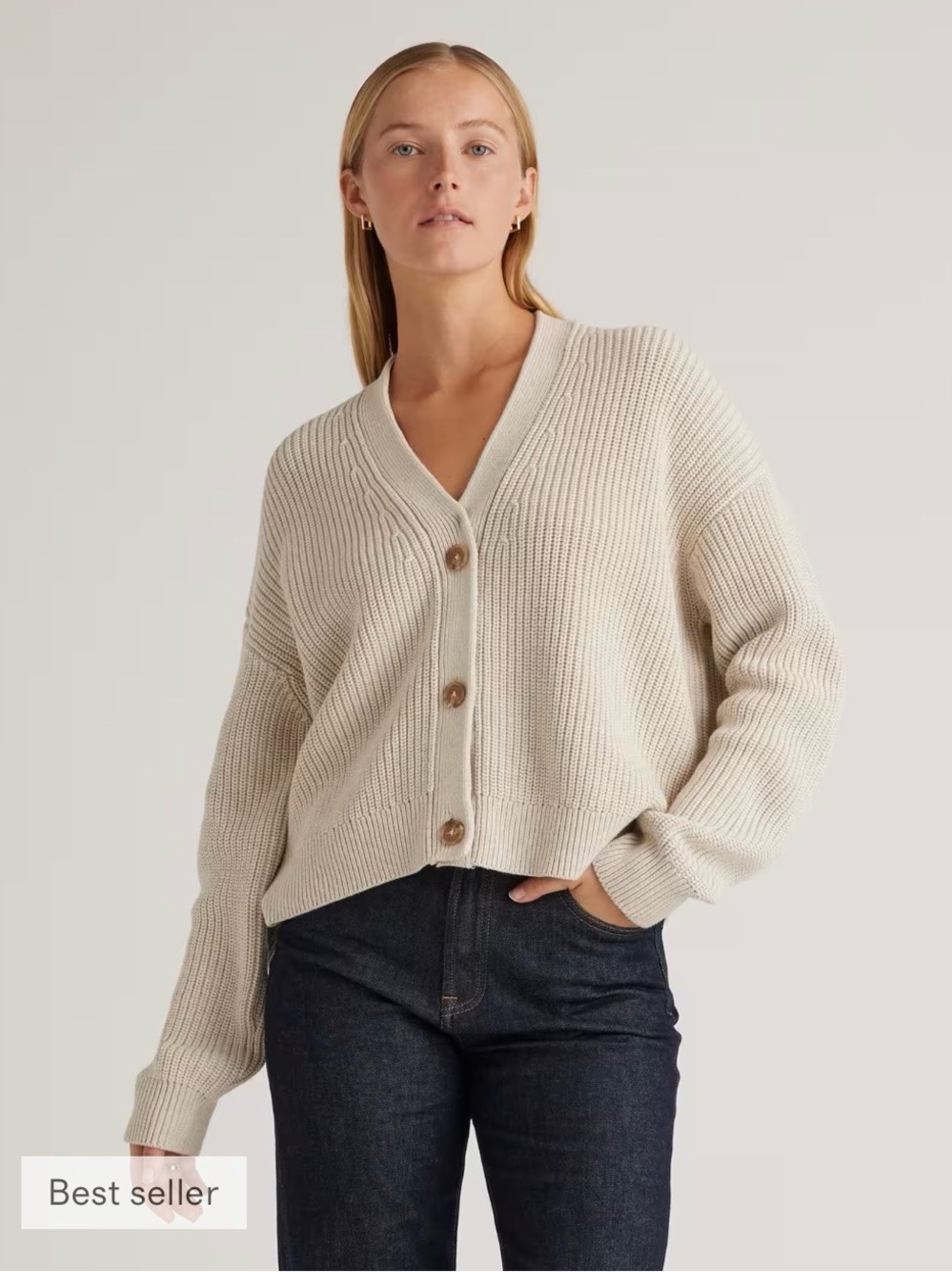 Quince Button-Front Ribbed V-Neck Cardigan